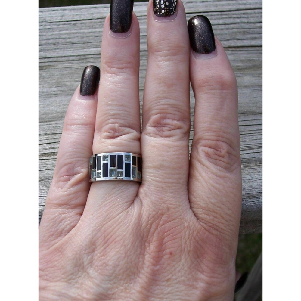 STAINLESS STEEL Sea Blue CZ Art Deco Band Ring - Picture 4 of 16